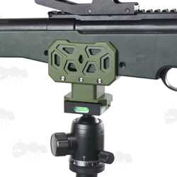 All Green Metal Rifle Tripod Fitting Saddle High-Profile Cradle for ARCA-Swiss and 3/8 Inch Threaded Tripods, Shown in USe