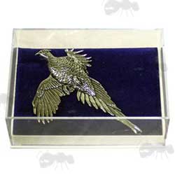 Small Clear Plastic Gift Box with Display Insert Holding a Pewter Pin Pheasant Badge