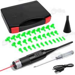 Universal Barrel Muzzle Fitting Red Laser Bore Sighting Kit in Case for Pistols, Rifles and Shotguns with 32 Piece Arbor Adapters