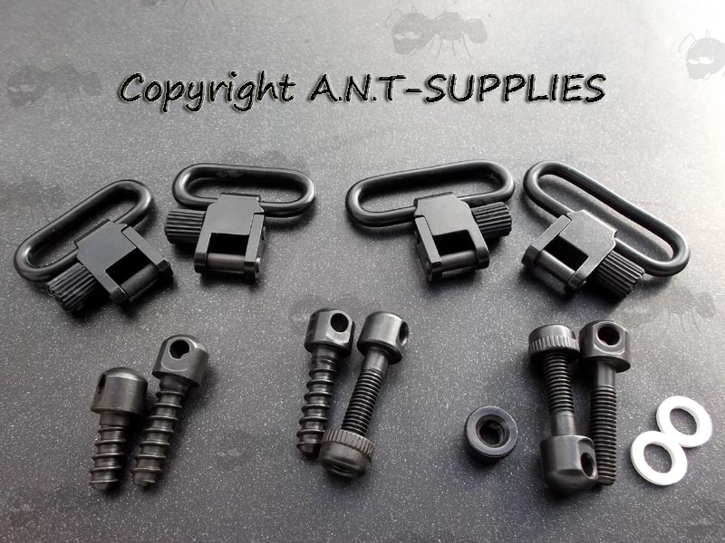 25mm and 30mm Black Quick-Release Gun Sling Swivels with Assorted Screw QD Studs and Washers