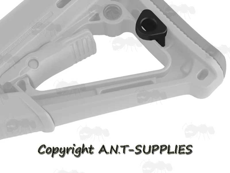 Black 10mm Socket Push Button QD Swivel Port Adapter for Tactical Rifle Buttstocks with Sling Strap Slots, Shown Installed on a Magpul CTR Stock
