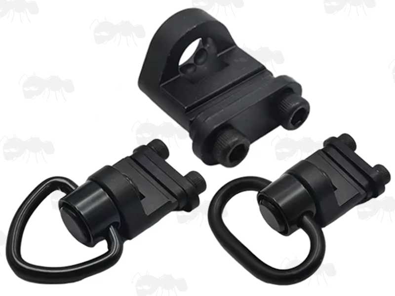 Black 10mm Socket Push Button QD Swivel Port Adapters for Tactical Rifle Buttstocks with Sling Strap Slots, Shown with QD Swivels Fitted