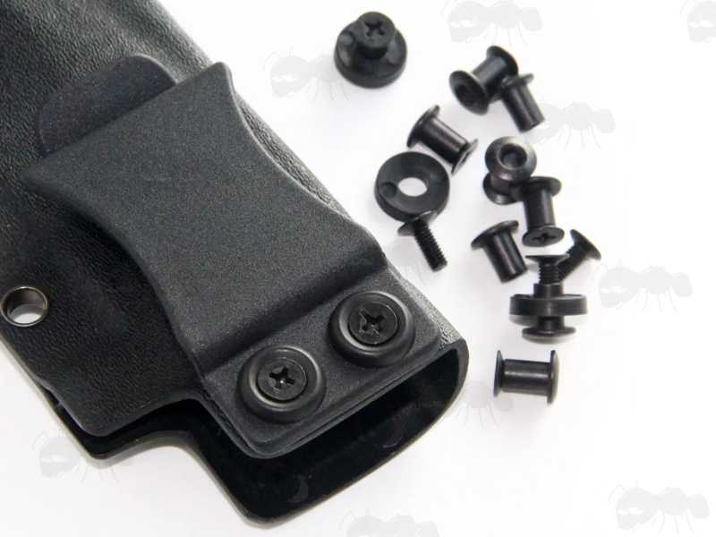 Black 7mm Long Chicago Screw Studs, Shown with Kydex Knife Sheath