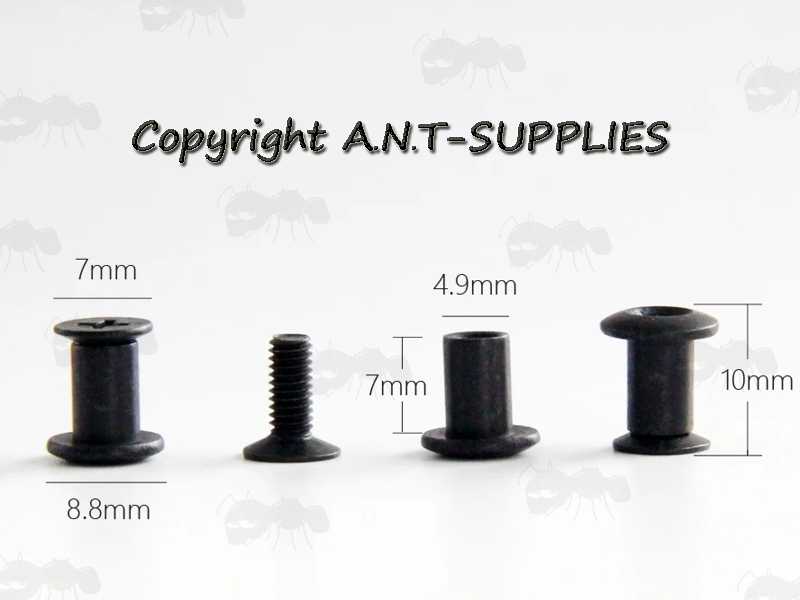 Dimensions of The Black 7mm Long Chicago Screw Sling / Knife Sheath Studs with Rubber Washers