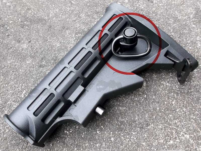 Black Polymer Collapsible Tactical Rifle Buttstock, Fitted with 10mm Sling Swivel Socket Base Port Adapter