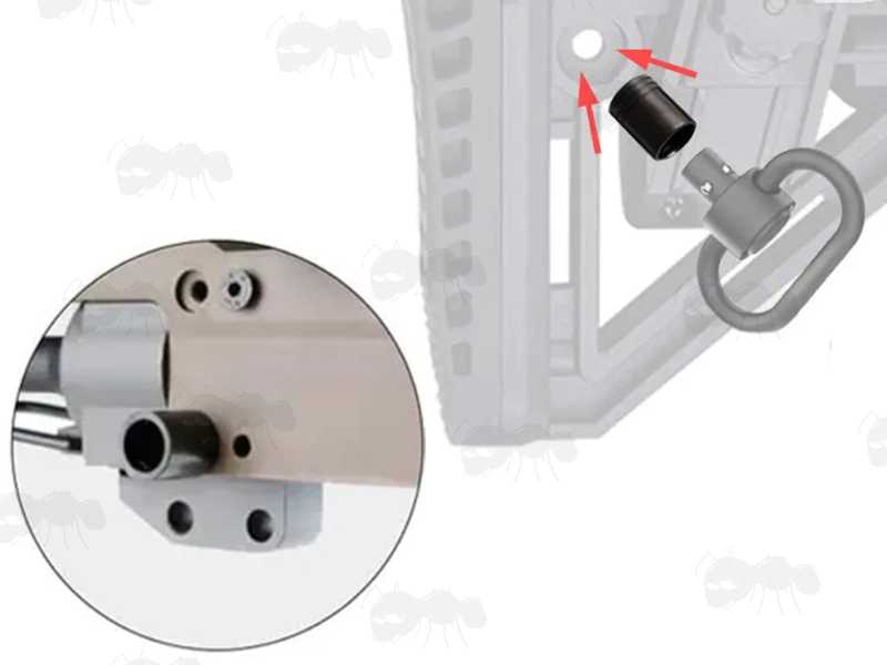 Push Button Release Swivel Port Socket, Shown Fitted to two Collapsible Buttstocks
