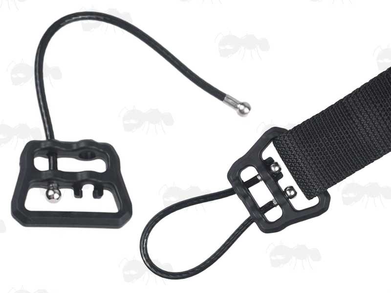 Aluminium Fitting Sling Block with a Steel Cable with Black Plastic Coating, Shown Fitted to Canvas Webbing Strap