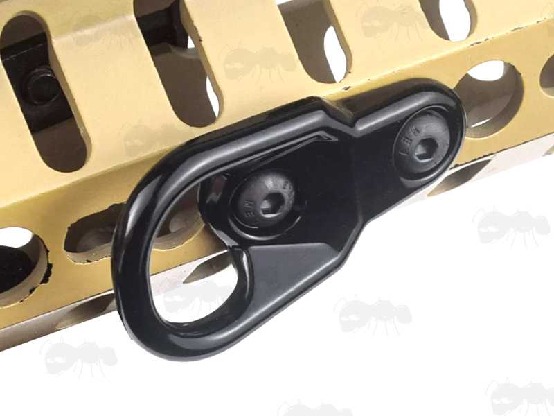 Large Loop Handguard Fitting Sling Mount Attachment Point with KeyMod Fittings, Shown Fitted to a Tan Coloured Handguard