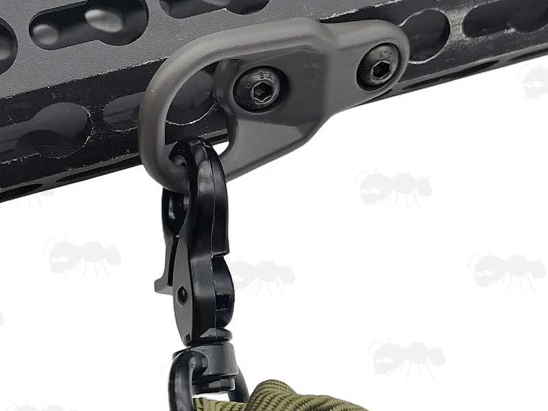Large Loop Handguard Fitting Sling Mount Attachment Point with KeyMod Fittings, Shown Fitted to a Green Coloured One Point Bungee Sling