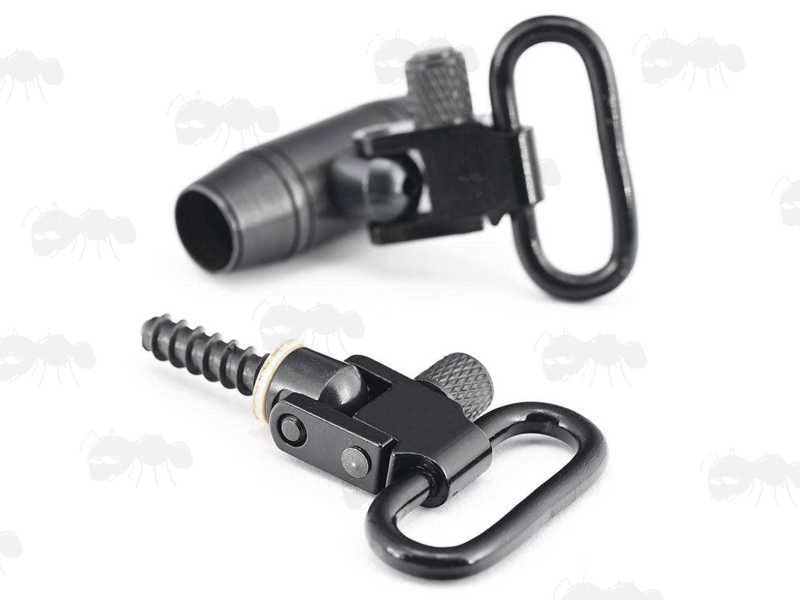 Muzzleloader Steel Ferrule and Wood Thread QD Sling Swivel Base Set, Shown with QD Swivels Fitted