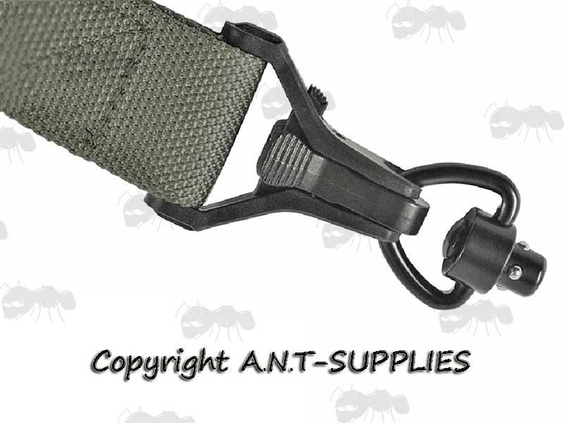 Black Push Button 10mm Socket Quick Release Sling Swivel with Triangular Design In Use