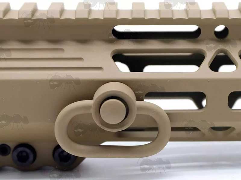 Tan Coloured Push Button 10mm Socket Quick Release Sling Swivel with Rounded Corners in Rifle Handguard Socket Port