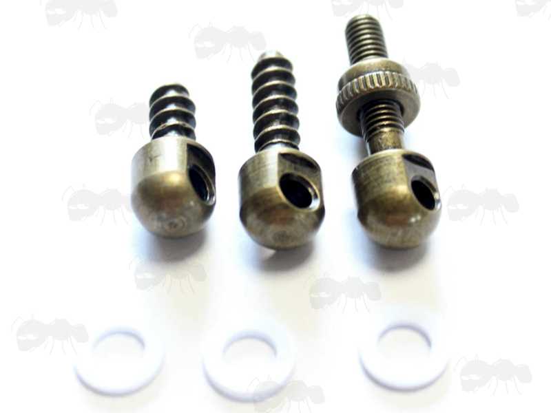 Set of Three Antique Brass Metal QD Gun Sling Swivel Bases with Wood and Machine Threads