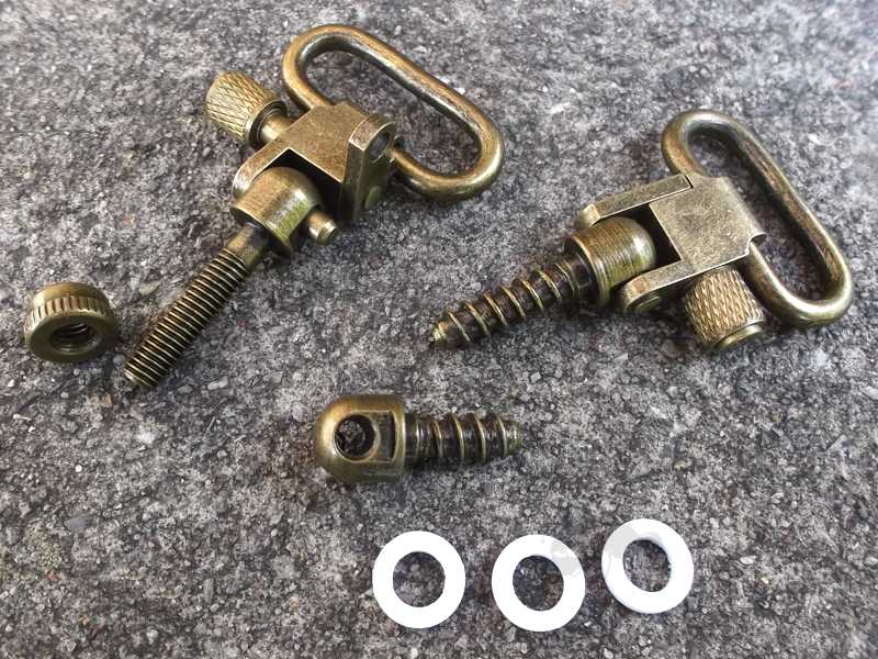 Set of Antique Brass Quick-Release Wooden Gun Stock and Machine Thread Studs with Swivels for 25mm Wide Slings