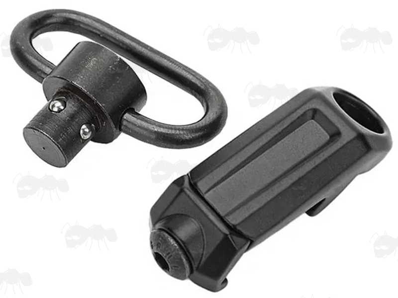 QD 10mm Socket with 20mm Rail Mount on Rifle Forend with Push Button Swivel Fitted