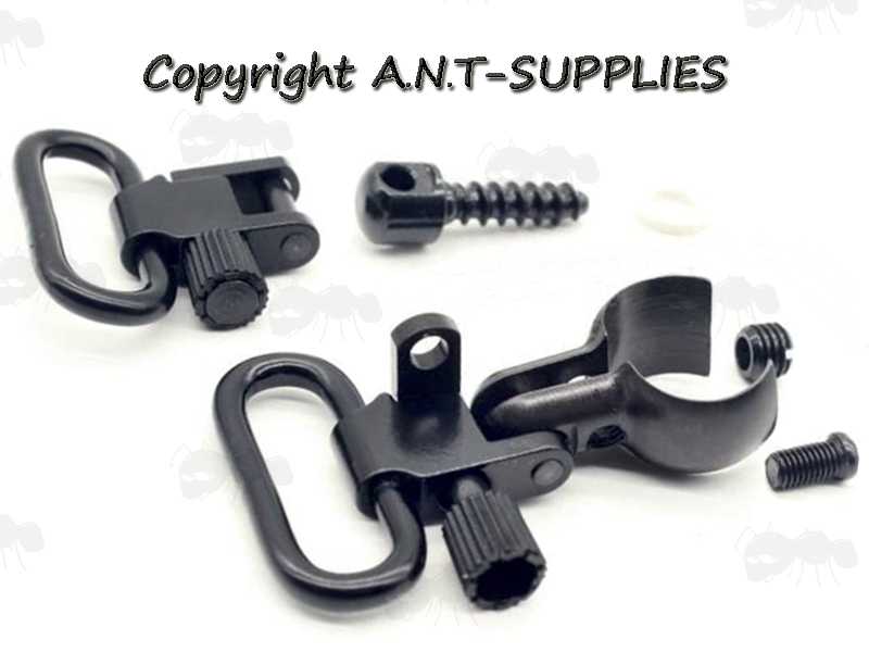 Black Anodised QD Sling Swivel Set with QD Wood Screw Stud and Barrel Split Band for Weihrauch HW80, HW95, HW95K Airguns and Other Rifles