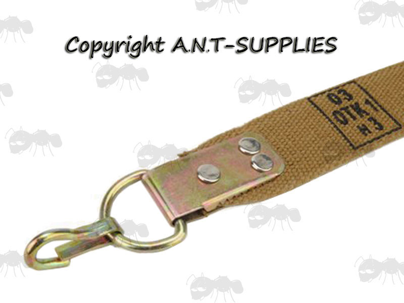Heavy-Duty Metal Clip on a Coyote Brown Replica SVD Sniper Rifle Canvas Sling