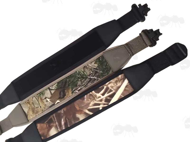 Black, Tree Camouflage and Reed Camouflage Canvas and Neoprene Gun Slings with Black Heavy-Duty AnTac One Piece QD Swivels