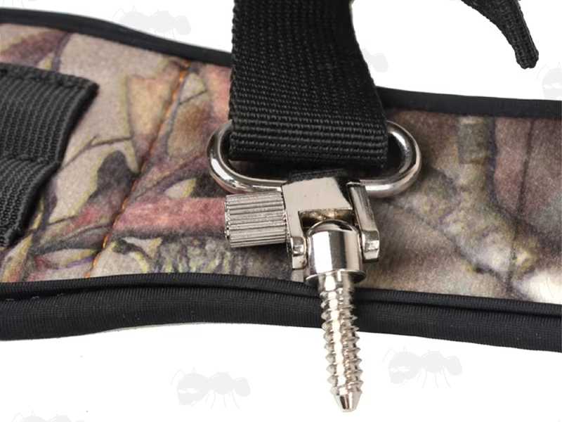 View of a Silver QD Swivel and Screw Fitted to The Black and Autumn Leaf Camouflage Pattern Co2 Air Rifle Sling with Two 12g Co2 Capsule Holder Loops