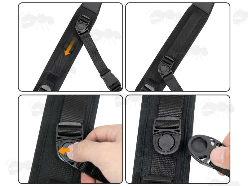 Crossbody Strap Buckle Adjustment and Fitting and Removal Guide for The Black Canvas and Neoprene Crossbody Three Point Fitting Rifle Sling