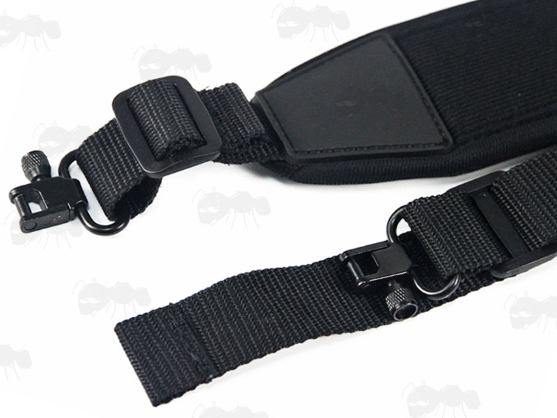 Close Up View of The Strap Ends with QD Swivels On The Black Canvas and Neoprene Gun Sling