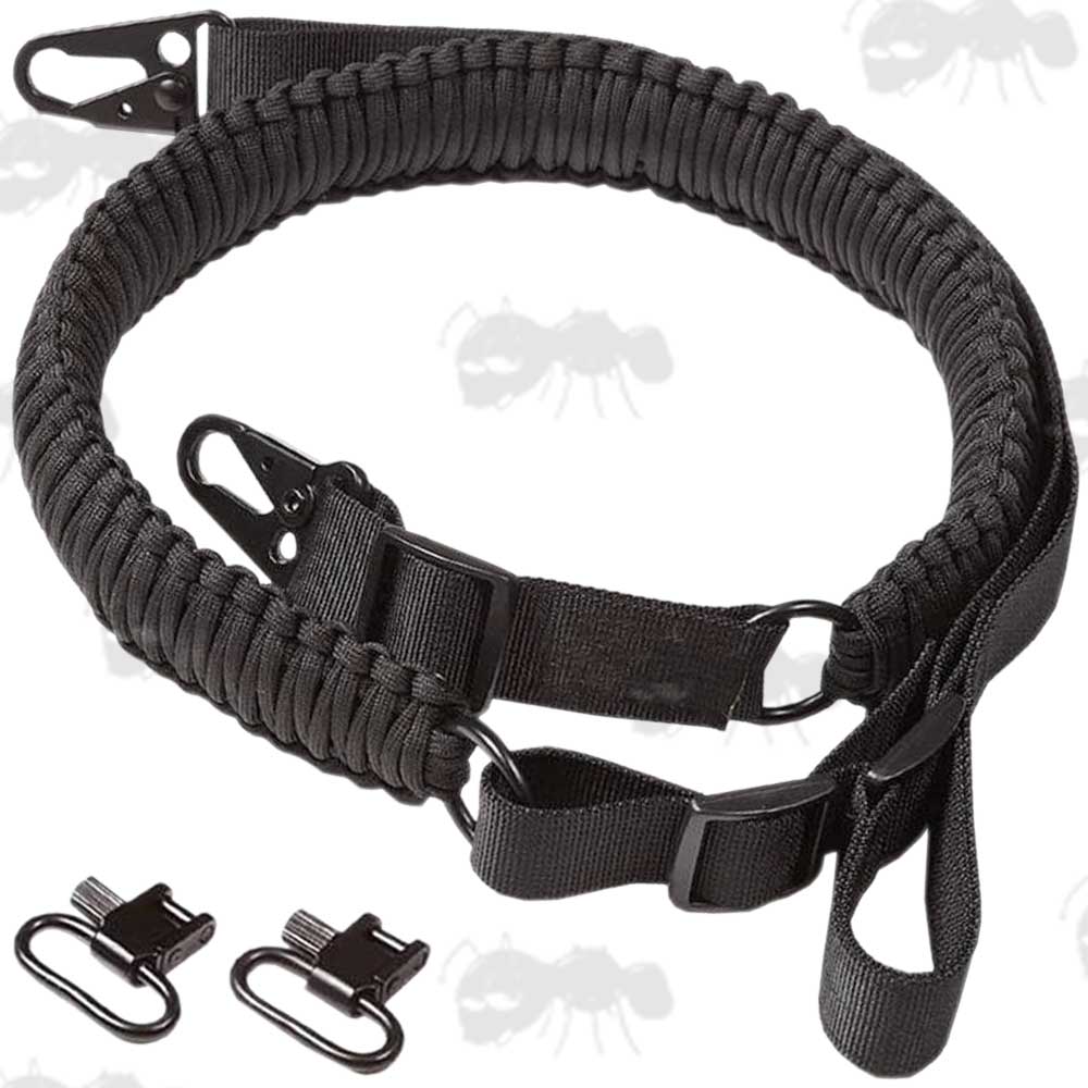Long Black Paracord Weaved Rifle Sling with Fitted HK Swivels and Extra QD Swivels