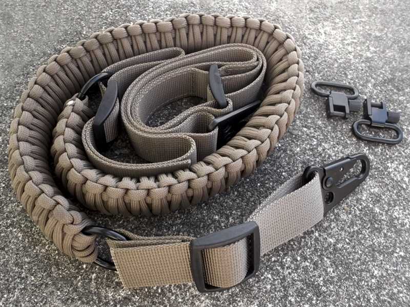 Long Brown Paracord Weaved Rifle Sling with Fitted HK Swivels, and Shown with Optional Traditional QD Swivels