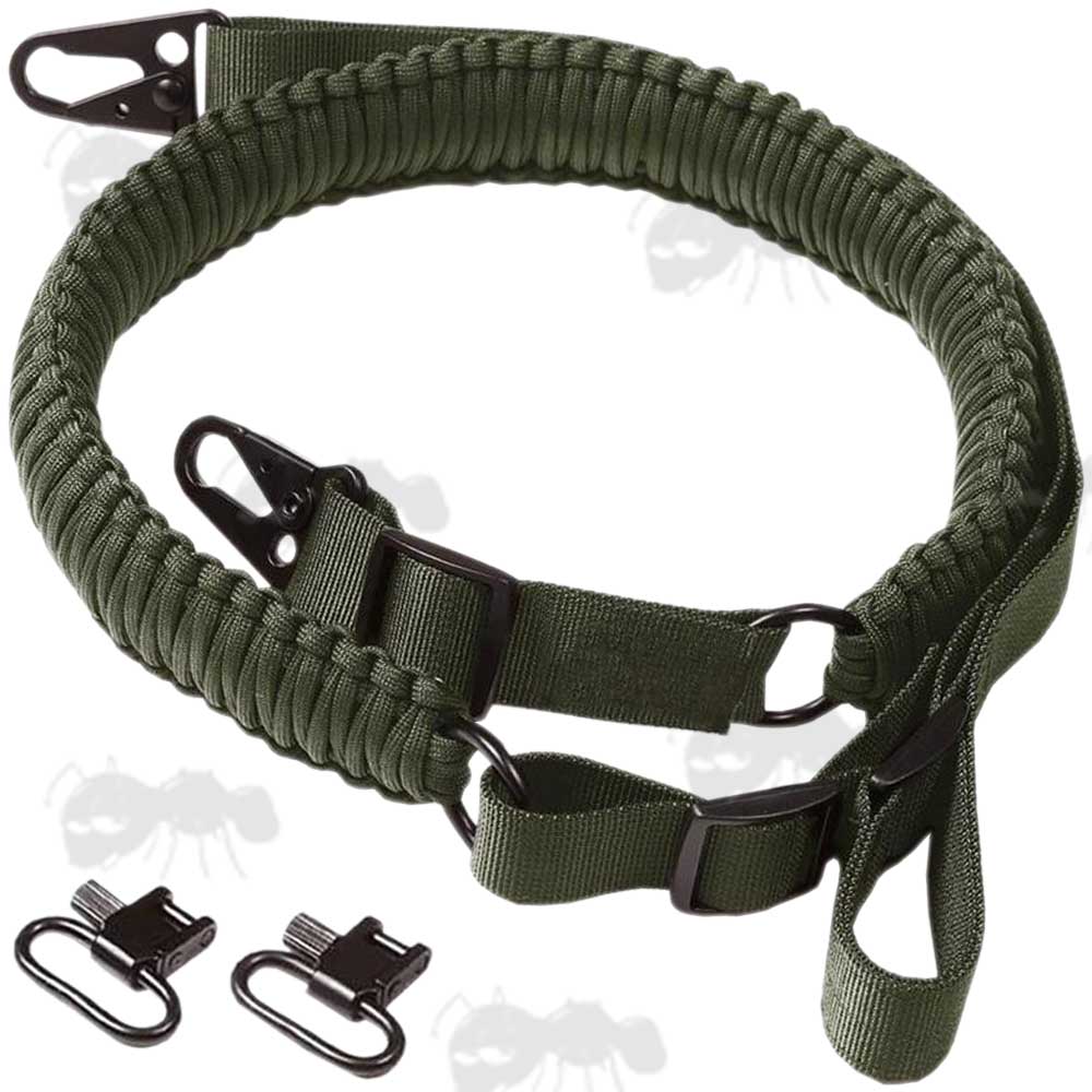 Long Green Paracord Weaved Rifle Sling with Fitted HK Swivels and Extra QD Swivels