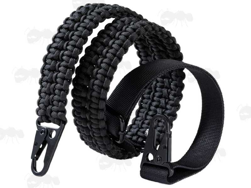 Long Black Paracord King Cobra Weaved Rifle Sling with Fitted HK Style Snap Hook Clips