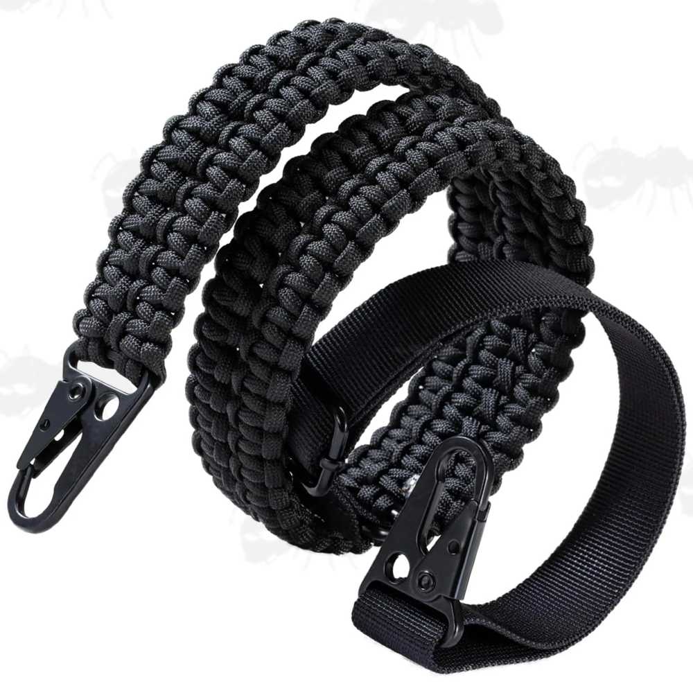 Long Black Paracord King Cobra Weaved Rifle Sling with Fitted HK Style Snap Hook Clips