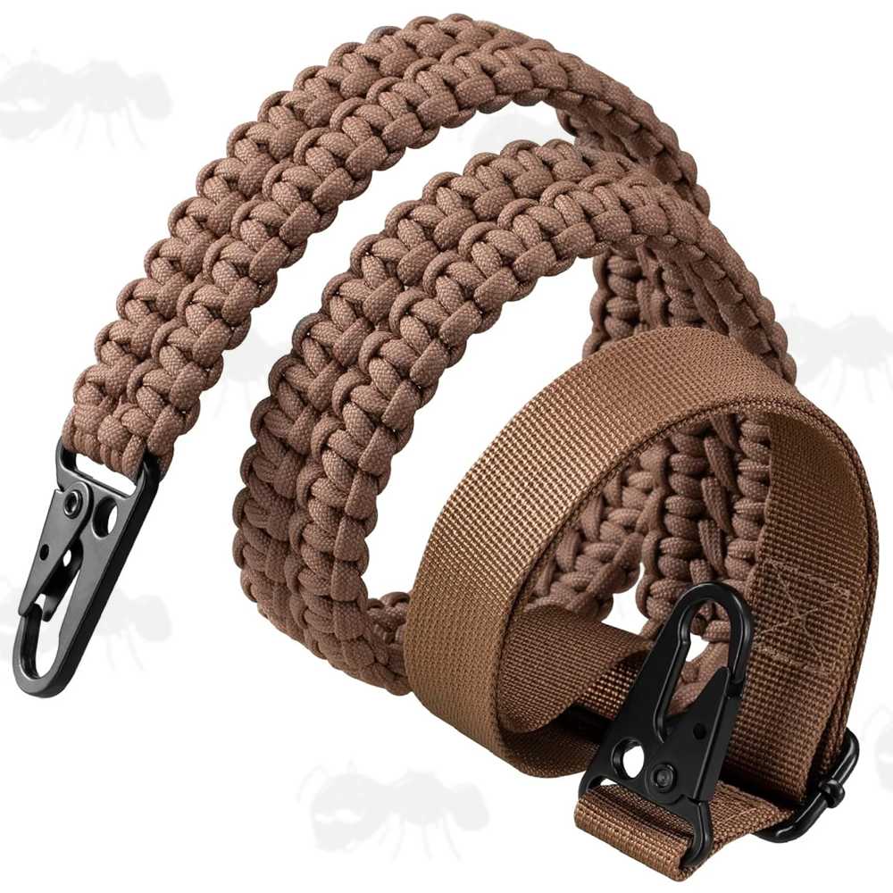 Long Brown Paracord King Cobra Weaved Rifle Sling with Fitted HK Style Snap Hook Clips