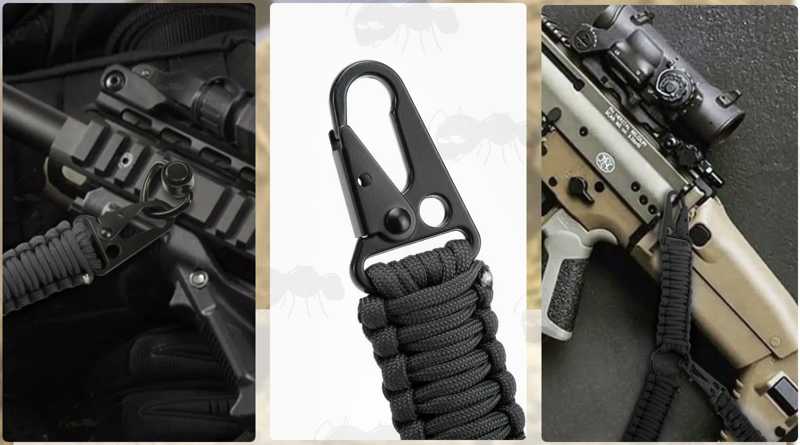 Long Black Paracord Cobra Weaved Rifle Sling with Fitted HK Style Snap Hook Clips, Shown In Use