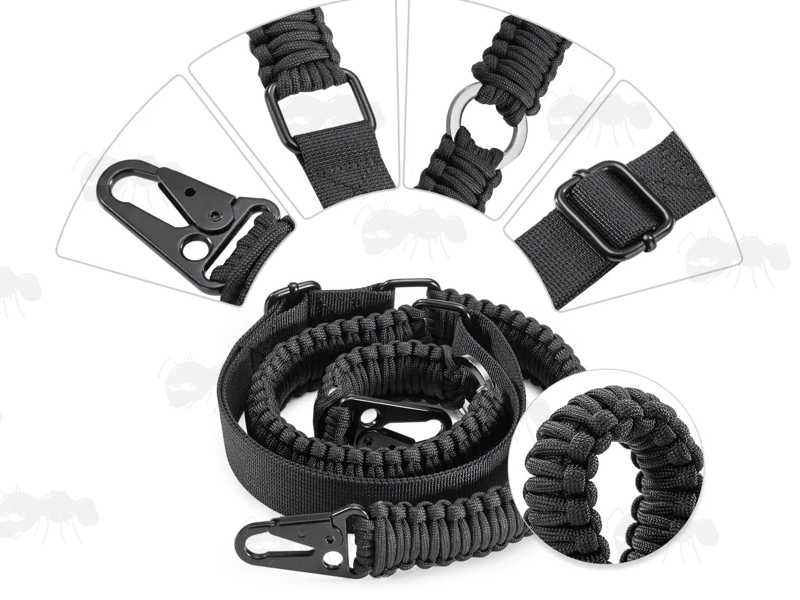 Close-Up View of The Fittings on The Long Black Paracord Cobra Weaved Rifle Sling with Fitted HK Style Snap Hook Clips