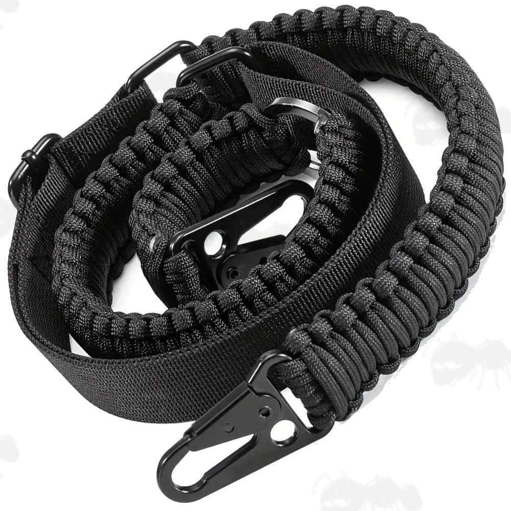 Long Black Paracord Cobra Weaved Rifle Sling with Fitted HK Style Snap Hook Clips