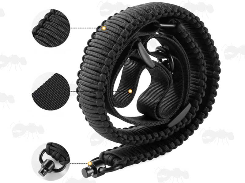 Features on The Long Black Paracord Wide Weaved Rifle Sling with Fitted Push Fit 10mm Socket QD Swivels