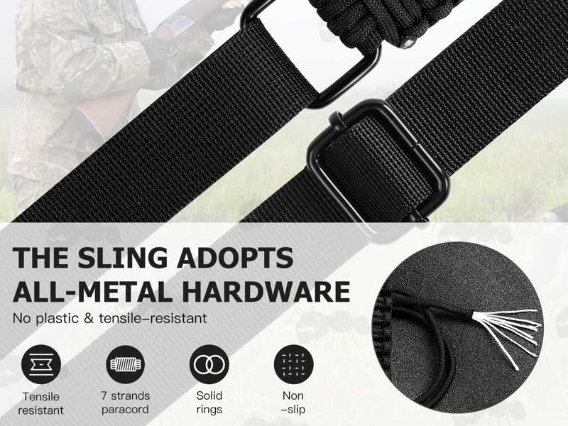 Close-Up View of The Fittings on The Long Black Paracord Wide Weaved Rifle Sling