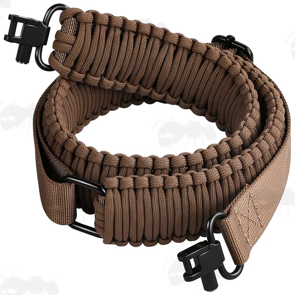 Long Brown Paracord Wide Weaved Rifle Sling with Fitted Quick-Release Gated Swivels