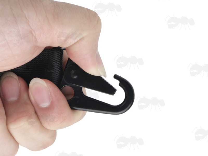 Close-Up View of The Gate on The HK Style Hook Clip on The Black Paracord One Point Rifle Sling