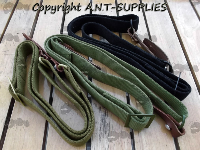 Black, Green and Tan Coloured AK-47 Rifle Slings with Leather Tabs