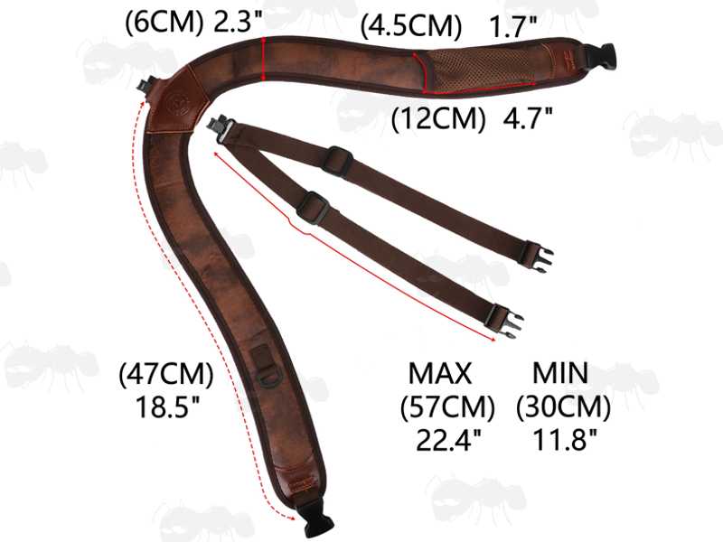 Dimensions of the Brown TU Leather and Black Neoprene Padded Hunting Gun Back Harness Sling Fitted with Black Metal QD Swivels and Plastic Side Release Buckles