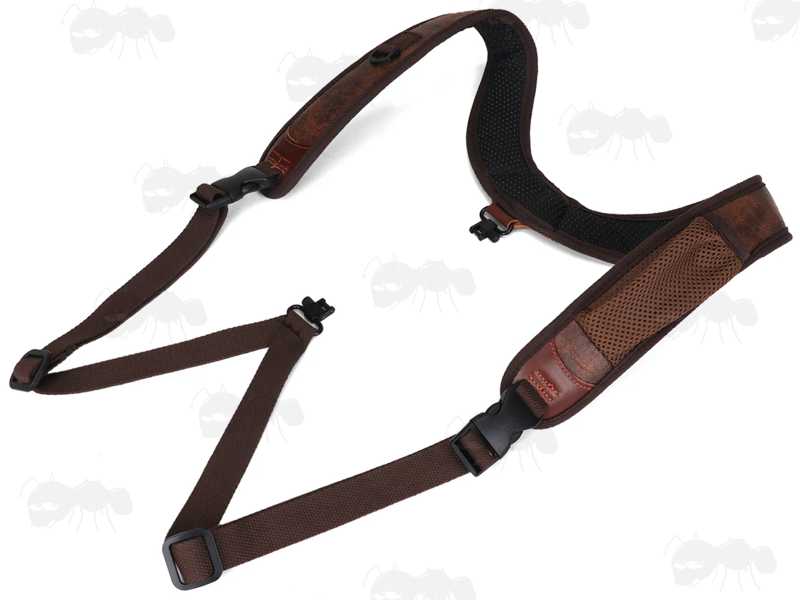 Brown TU Leather and Black Neoprene Padded Hunting Gun Back Harness Sling Fitted with Black Metal QD Swivels and Plastic Side Release Buckles