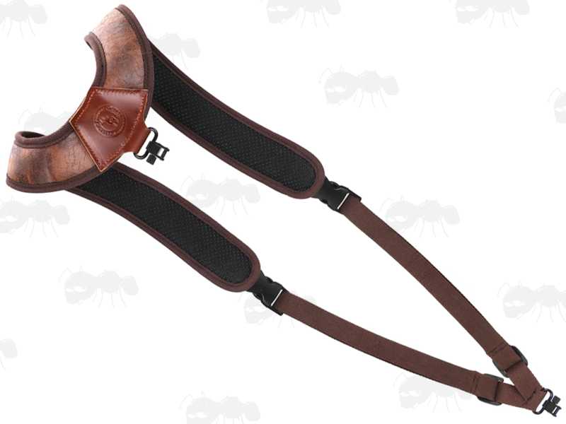 Brown TU Leather and Black Neoprene Padded Hunting Gun Back Harness Sling Fitted with Black Metal QD Swivels and Plastic Side Release Buckles