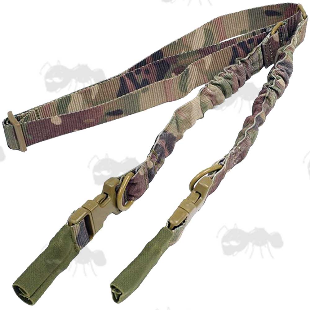 Multicamo Two Point Bungee Rifle Sling with QD ABS Buckles and Metal Snap Clips