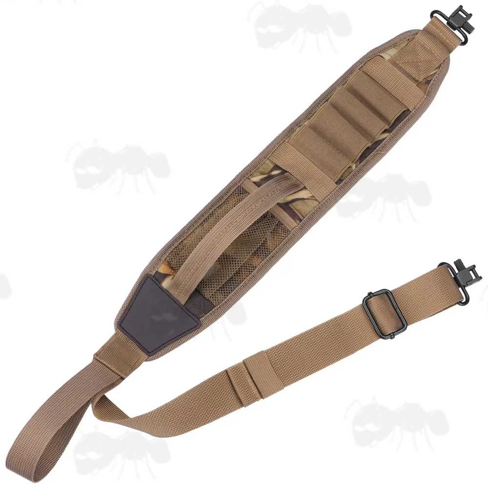 Tan and Camouflage Pattern Shotgun Sling with Mesh Pocket and Four 12g Cartridge Holder Loops, Fitted with QD Stud Fitting Swivels