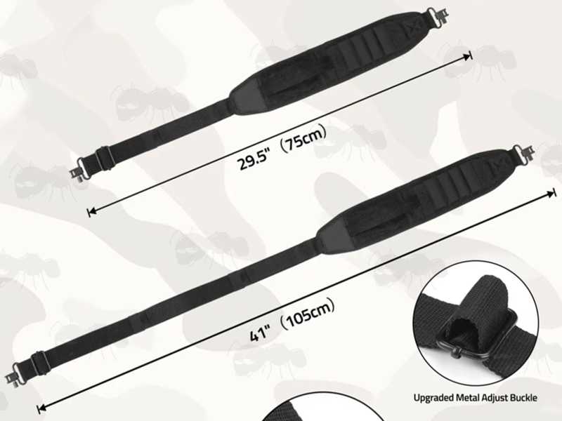 Adjustable Length Range on The All Black Shotgun Sling with Mesh Pocket, Hand Grip Handle and Four Cartridge Holding Loops, Fitted with QD Stud Fitting Swivels
