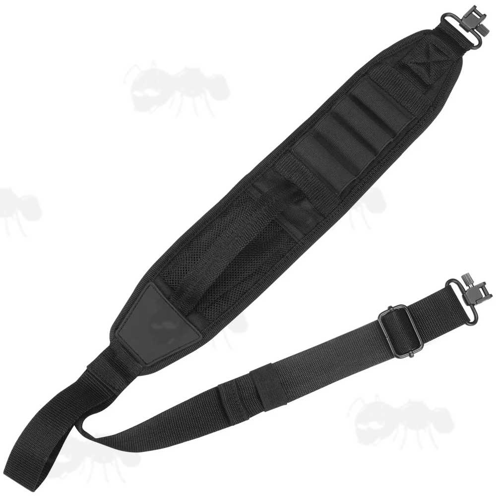 All Black Shotgun Sling with Mesh Pocket, Hand Grip Handle and Four Cartridge Holding Loops, Fitted with QD Stud Fitting Swivels