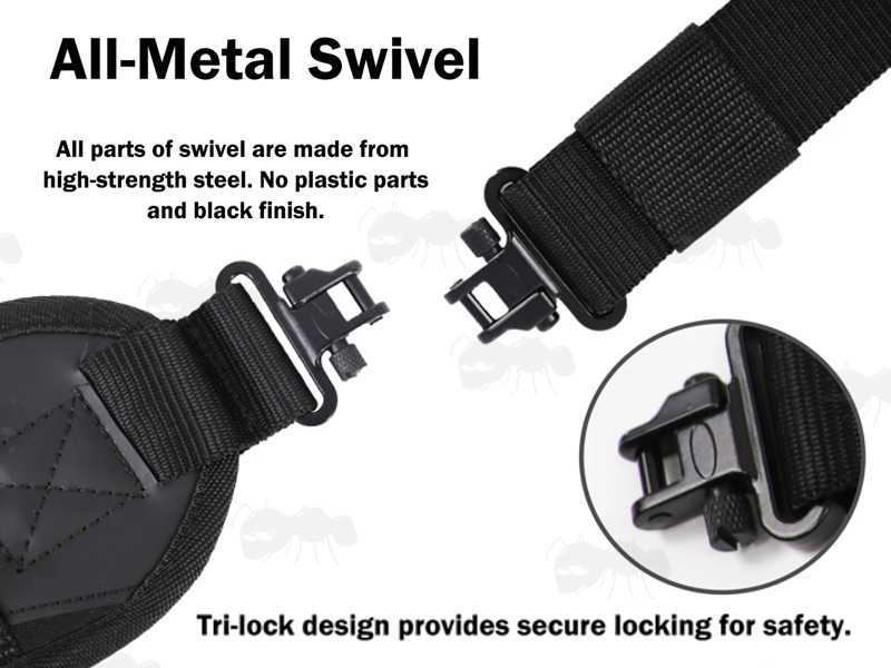Close-Up Views of The All Metal AnTac QD Swivels on The All Black Shotgun Sling with Mesh Pocket and Hand Grip Handle