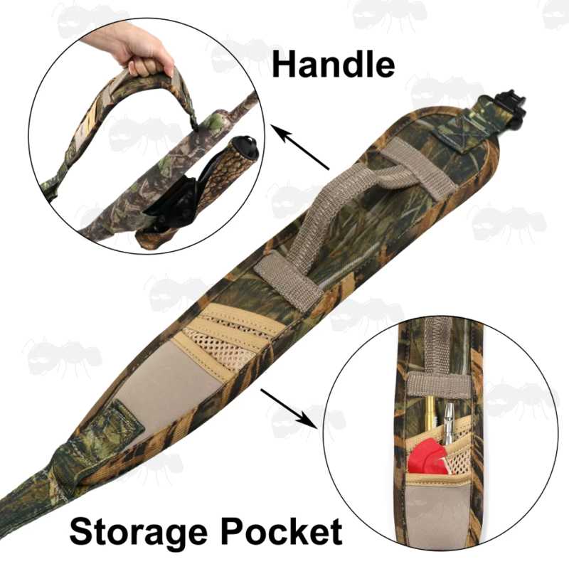 Close-Up Views of The Mesh Pocket and Hand Grip Handle Features on The All Reed Camouflage Pattern Shotgun Sling, Fitted with AnTac QD Stud Fitting Swivels