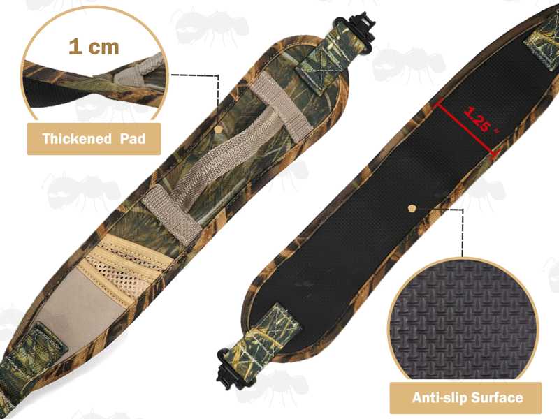 Close-Up Views of The Material On The All Reed Camouflage Pattern Shotgun Sling with Mesh Pocket and Hand Grip Handle, Fitted with AnTac QD Stud Fitting Swivels
