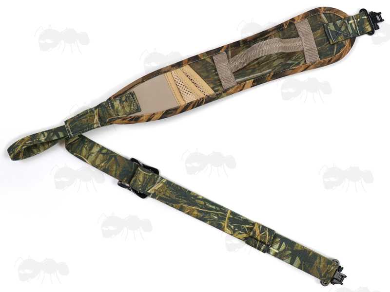 All Reed Camouflage Pattern Shotgun Sling with Mesh Pocket and Hand Grip Handle, Fitted with AnTac QD Stud Fitting Swivels